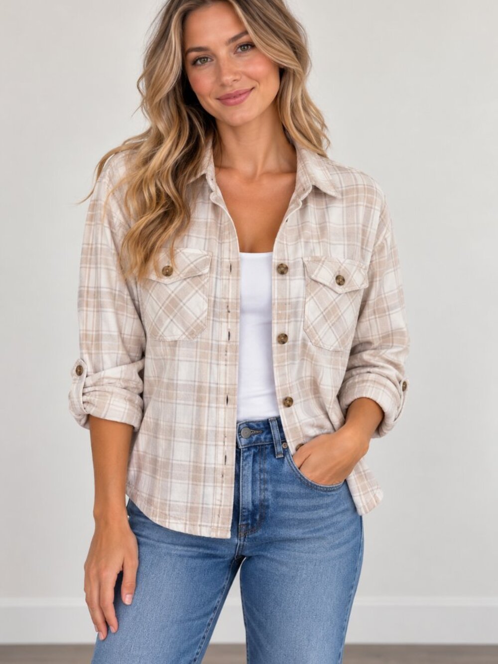 Frank & Oak Beige and Cream Plaid Button-Front Shirt Jacket